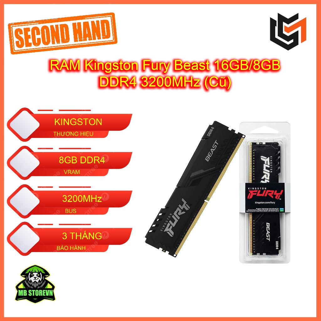RAM Kingston Fury Beast 16GB/8GB DDR4 3200MHz Cũ - Bảo hành 3 tháng