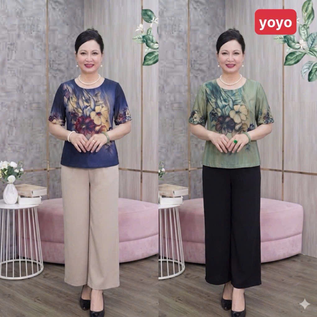 Bộ trung niên cao cấp áo lụa Latin in hoa sang trọng phối quần chéo Hàn dáng suông mã AMH01
