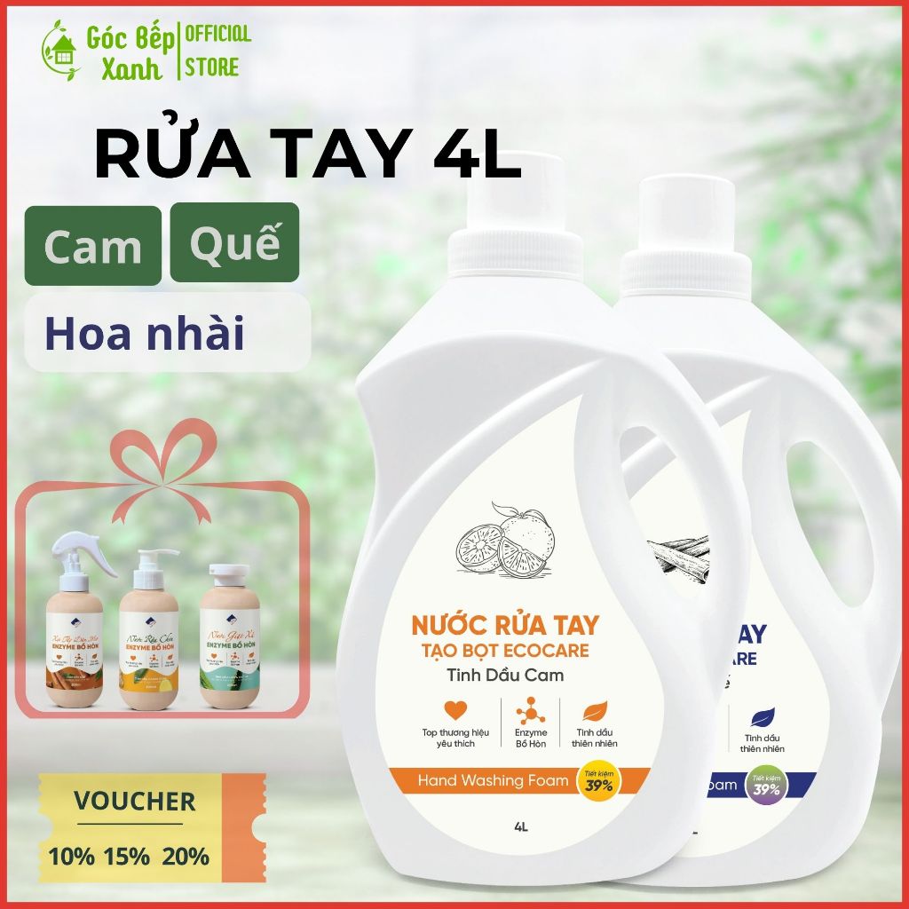 Nước rửa tay Ecocare bồ hòn hữu cơ dạng bọt cam, quế, nhài can 4 lít