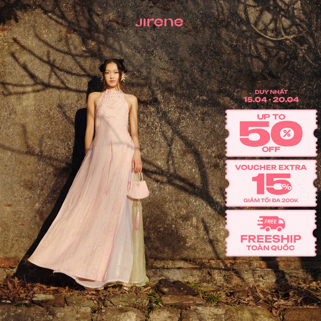 Jirene - Áo kiểu nữ dài cổ yếm chất liệu gấm hoa SEIDO TOP