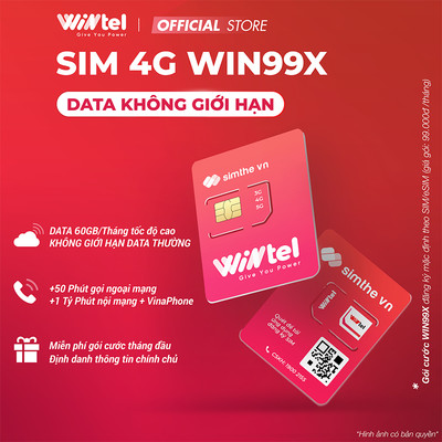 Sim WINTEL WIN99X Data 4G HOÀN TOÀN KHÔNG GIỚI HẠN + 50P Gọi Nội Ngoại Mạng. Dùng Sóng VinaPhone Toàn Quốc Chỉ 99K/Tháng
