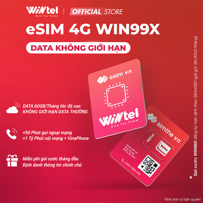 [NHẬN ESIM NHANH 30P] ESIM WINTEL WIN99X Data 4G HOÀN TOÀN KHÔNG GIỚI HẠN + 50P Ngoại Mạng.Dùng Sóng VinaPhone 99K/Tháng