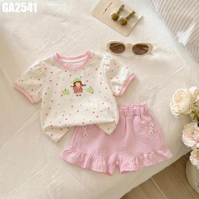 Set Bộ Quần Áo Bé Gái Áo Cộc Tay Chấm Bi Phối Quần Đùi Viền Bèo Xinh Xắn MINTSCLOSET GA2541