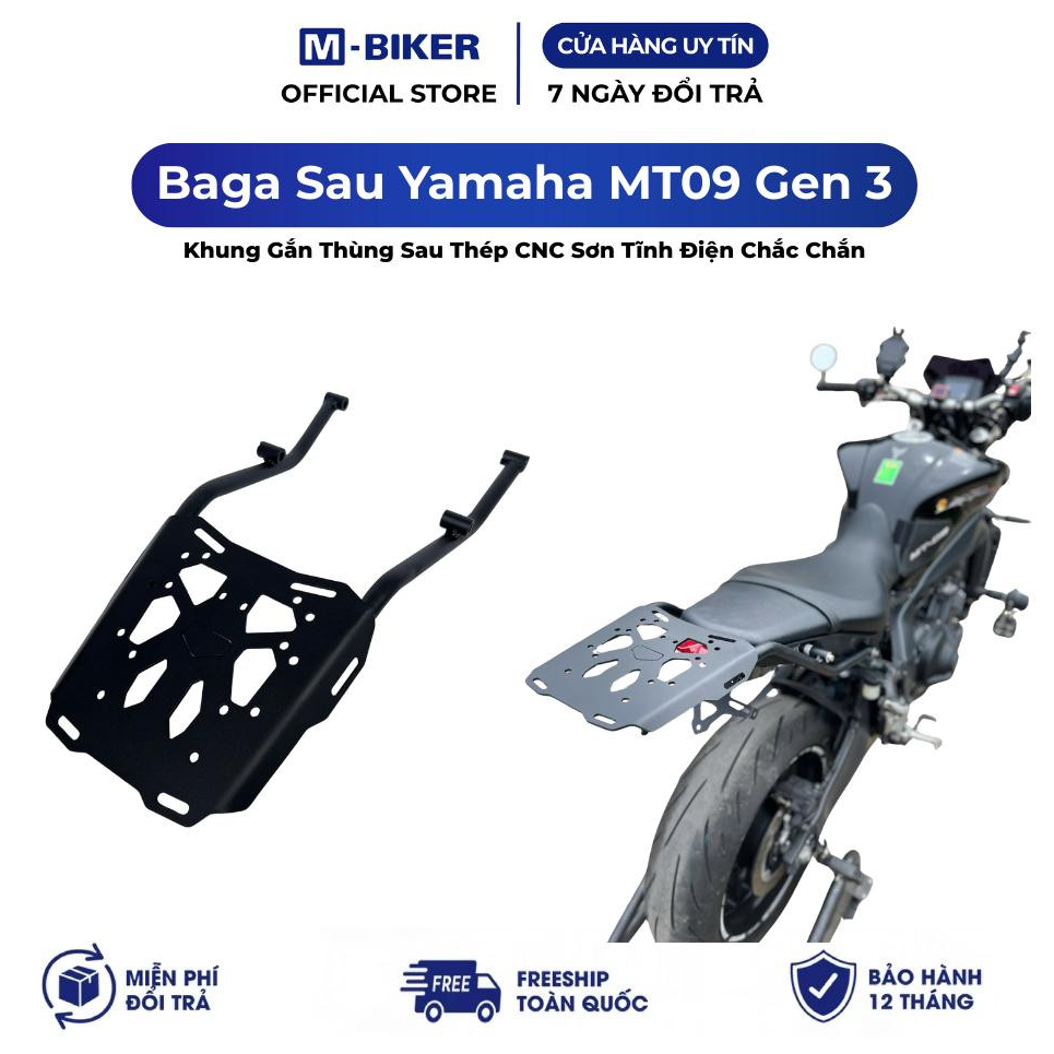 Baga MT09 Gen 3, Cảng Sau MT09 Gen 3 M-Biker. Khung Gắn Thùng Sau, Thép CNC, Sơn Tĩnh Điện
