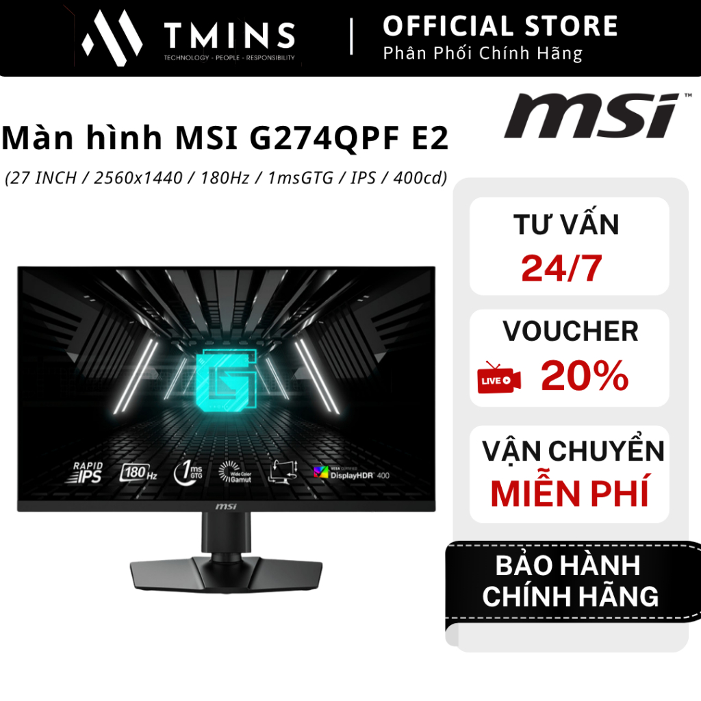 Màn hình MSI G274QPF E2 (27 INCH_ 2560x1440_ 180Hz_ 1msGTG_ IPS_ 400cd) Gaming, Làm việc - Hàng Chín