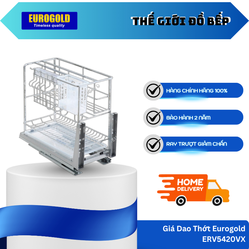 Giá Dao Thớt Nan Vuông Eurogold ERV5420VX – Inox Bóng – Ray Giảm Chấn – Lắp Âm Tủ – TGB