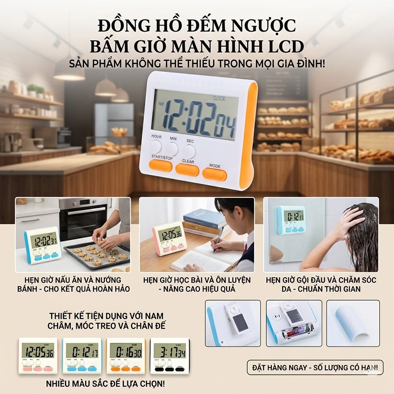 Đồng Hồ Đếm Ngược Bấm Giờ  Màn Hình LCD (tặng Kèm Pin) đồng hồ báo thức hẹn giờ đếm giờ sinh hoạt