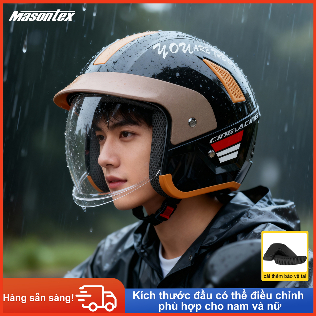 Mũ Bảo Hiểm Masontex 706 3/4 Vỏ ABS Gương bảo vệ chống sương bên trong Nhiều lỗ thông khí thoáng mát