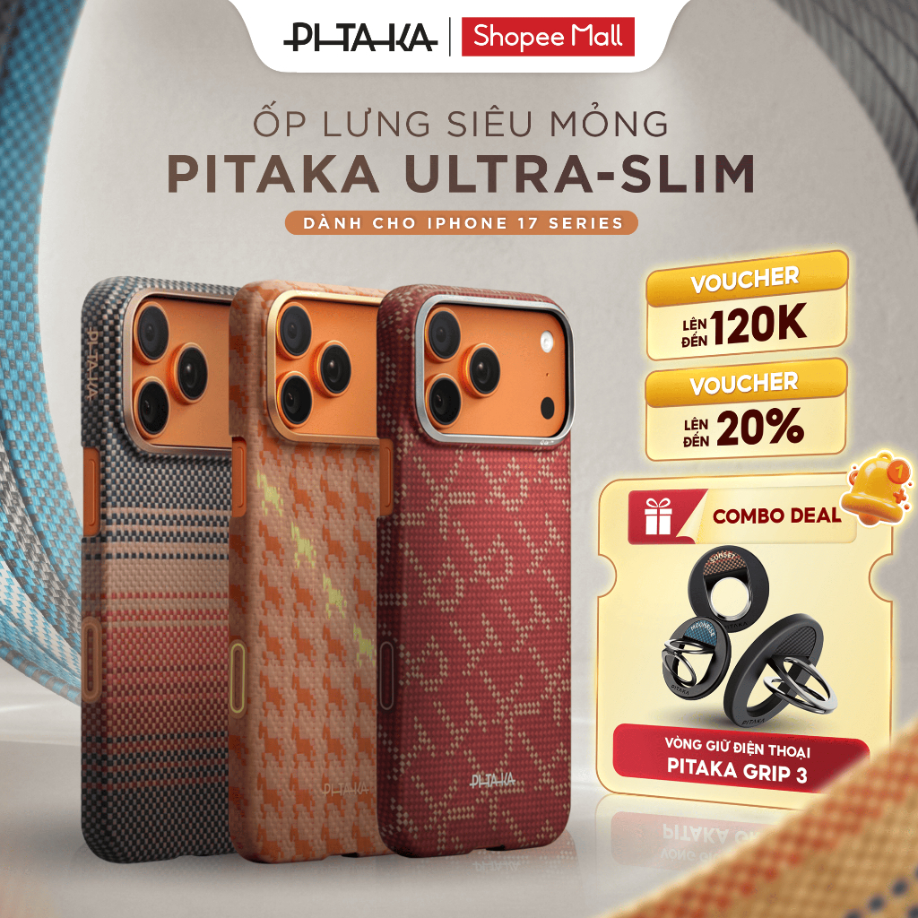[COMBO - iPhone 17 Series] Ốp Lưng PITAKA & Vòng Giữ Điện Thoại Magez Grip 3 Cao Cấp, Siêu Mỏng Nhẹ