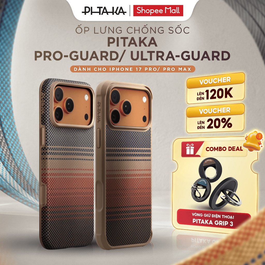 [COMBO - iPhone 17 Pro/ Pro Max] Ốp Lưng PITAKA ProGuard/ UltraGuard & Vòng Magez Grip 3/ Kính Cường