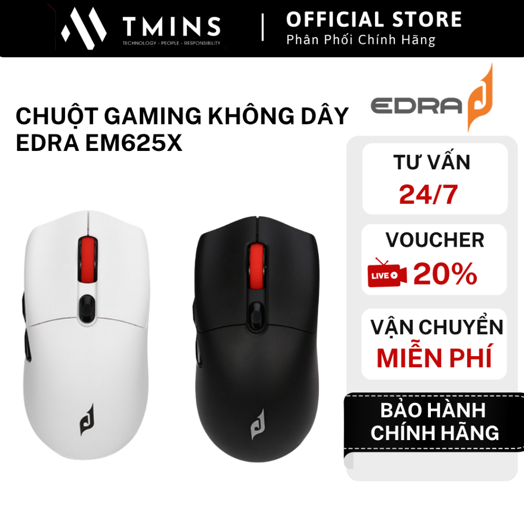 Chuột gaming không dây EDRA EM625X (Đen / Trắng) - Siêu nhẹ, Cảm biến cực nhạy, Pin sạc tiện lợi - H