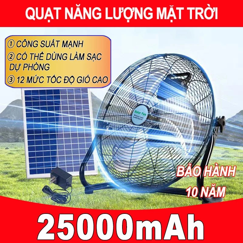 Quạt năng lượng mặt trời Solar Fan 25000mAh quạt sạc tích điện dạng nằm chân quỳ hiển thị PIN