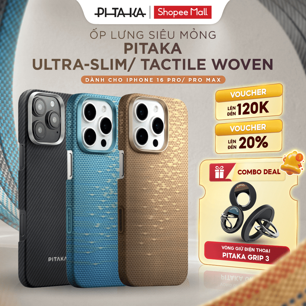 [COMBO - iPhone 16 Pro/ Pro Max] Ốp Lưng PITAKA Ultra-Slim & Vòng Magez Grip 3 – Sợi Aramid Cao Cấp,