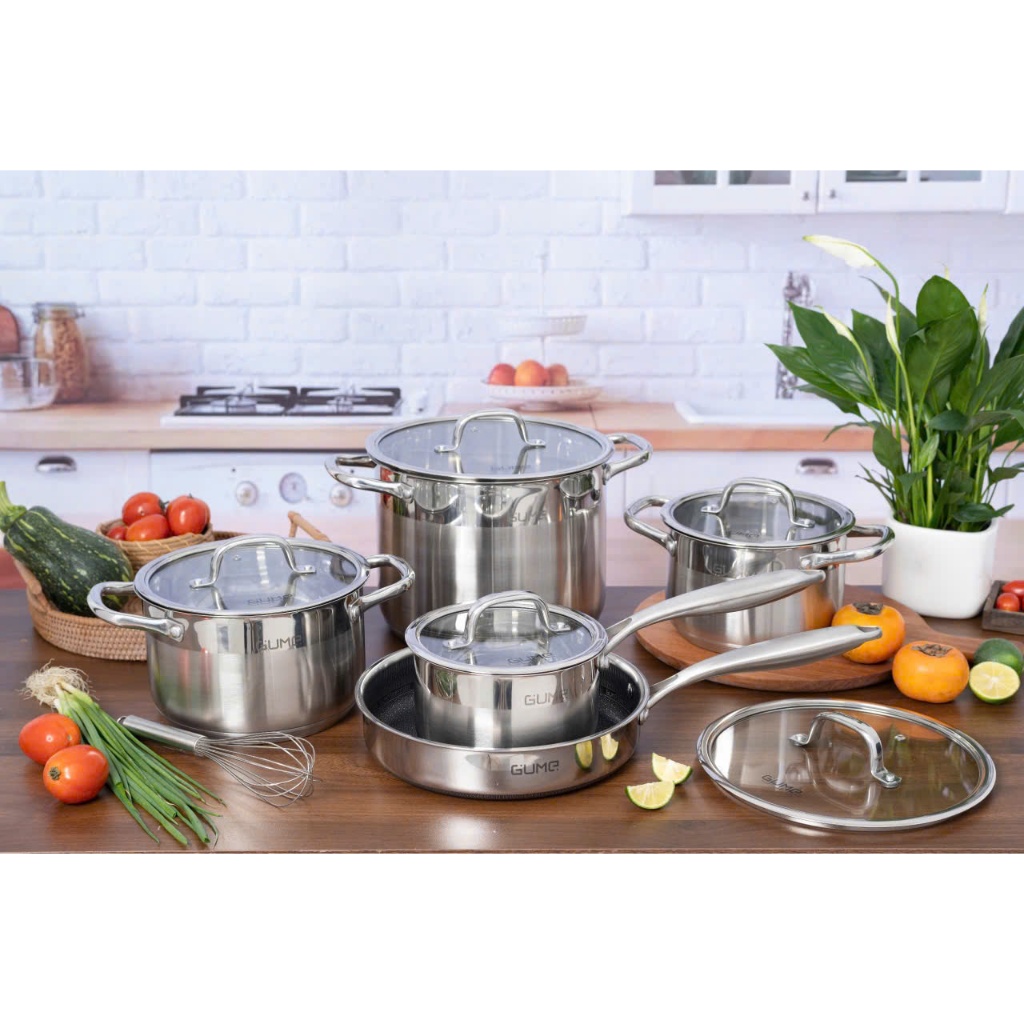 BỘ NỒI CHẢO 5 MÓN GUME GMP PS-2201, BỘ NỒI 3 MÓN GUME GMP19,  BỘ NỒI INOX 304 GM-356