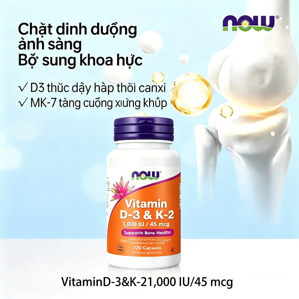 Viên nang Vitamin D3 K2 MK7 NOW, bổ sung canxi cho người lớn kết hợp Magie Glycine, hoạt tính cao 10