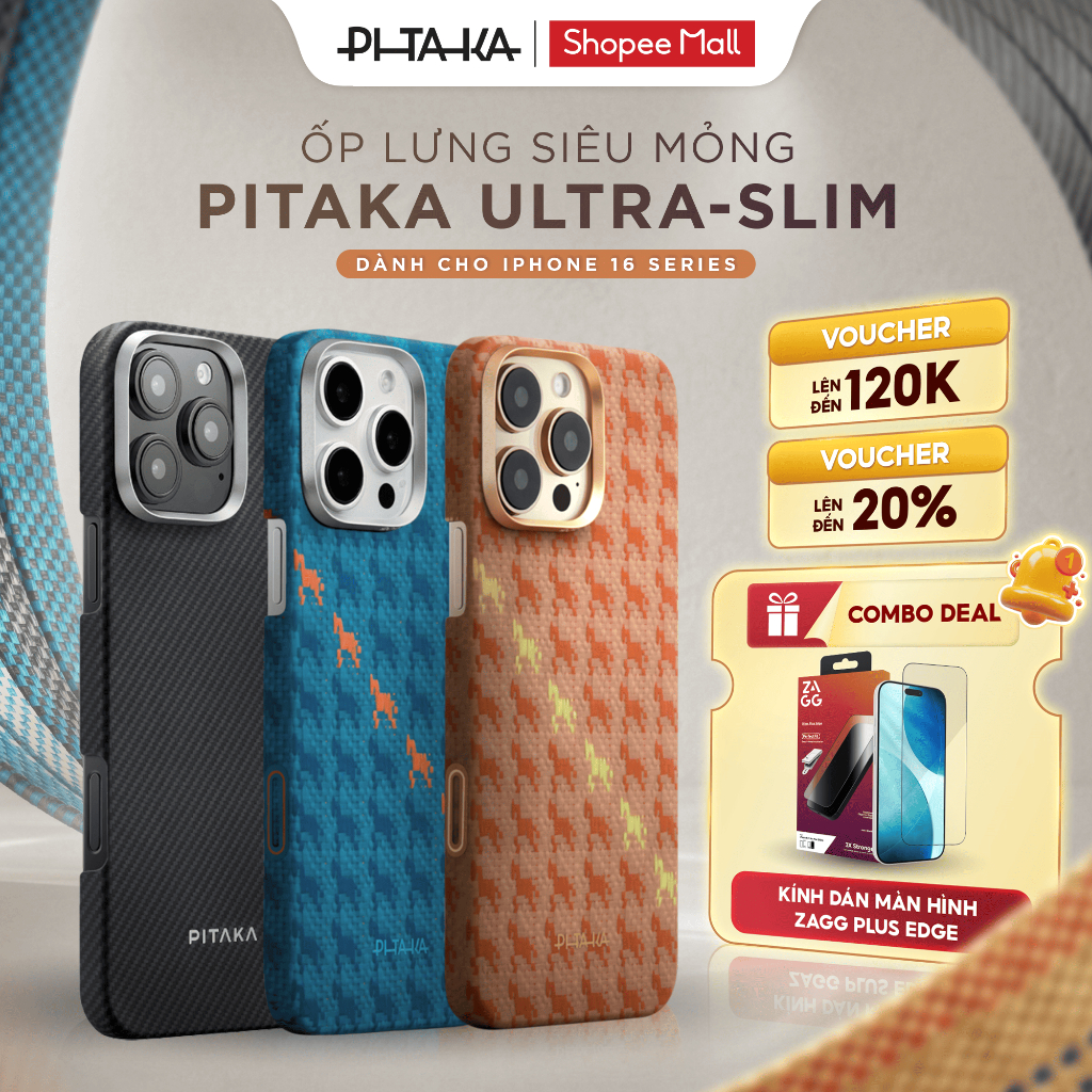 [COMBO ỐP LƯNG + KÍNH DÁN MÀN HÌNH - iPhone 16 Pro/ Pro Max] Ốp Lưng PITAKA Siêu Mỏng Nhẹ & Kính ZAG