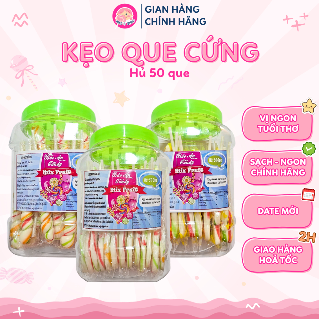 Kẹo Que Xoắn Tròn Bảo An (50 Que), Kẹo Cứng Xiên Que Vị Trái Cây Ngọt Dịu, Nhiều Hình | Mimi's Shop