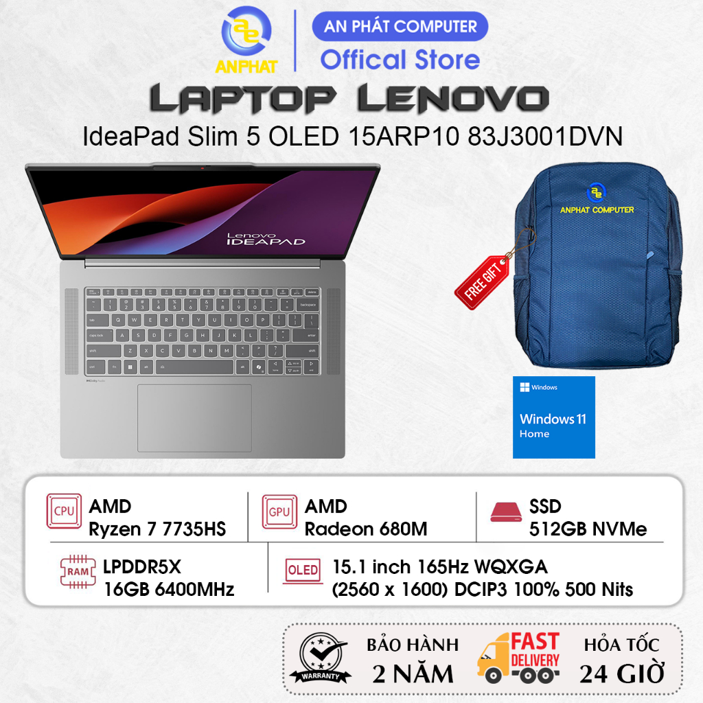 Laptop Lenovo IdeaPad Slim 5 OLED 15ARP10 83J3001DVN, Ryzen 7 7735HS, 16GB RAM, 512GB SSD, 15.1 2K O