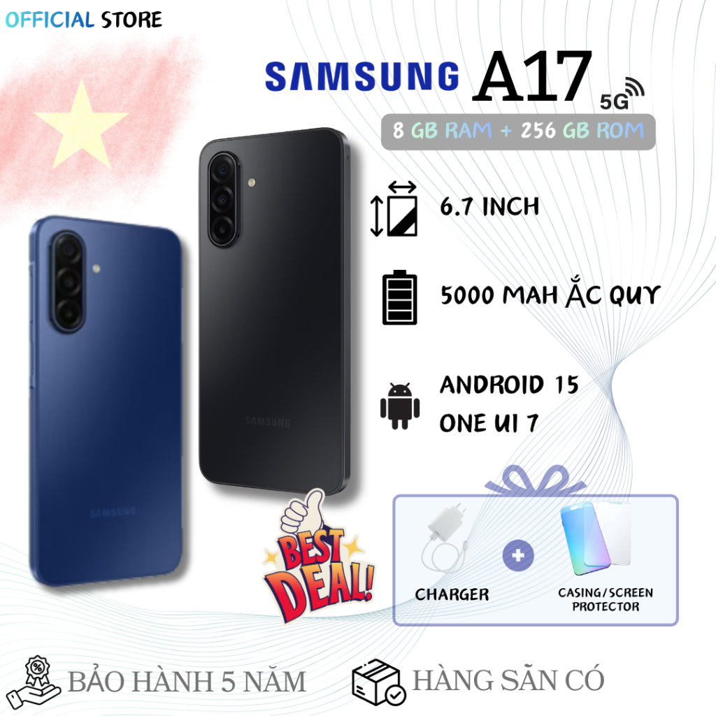 Điện thoại Samsung A17 5G (RAM 8GB + ROM 256GB) màn hình 6.7" FHD+ | Camera chính 50MP | Pin 5000mAh