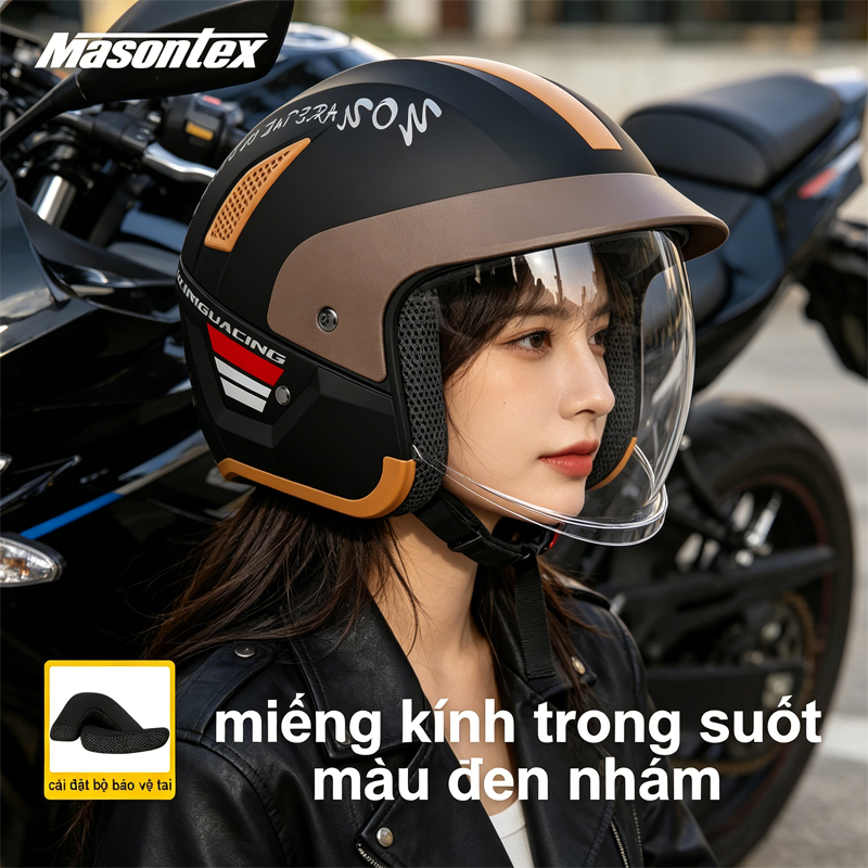 Mũ Bảo Hiểm Masontex 706 3/4 Vỏ ABS Gương bảo vệ chống sương bên trong Nhiều lỗ thông khí thoáng mát