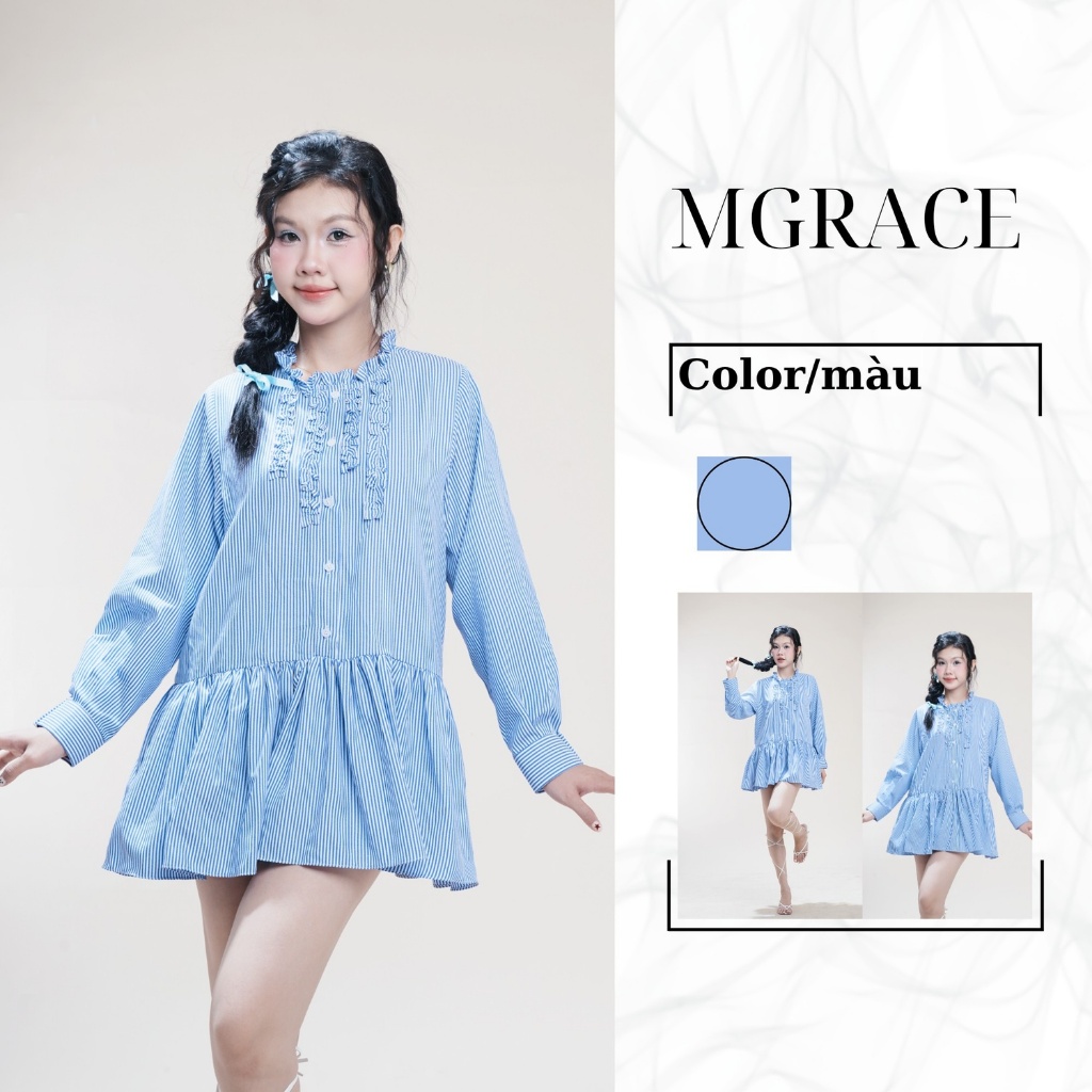 Đầm sọc xanh nữ tay dài form rộng, chất vải kate thoáng mát MGRACE