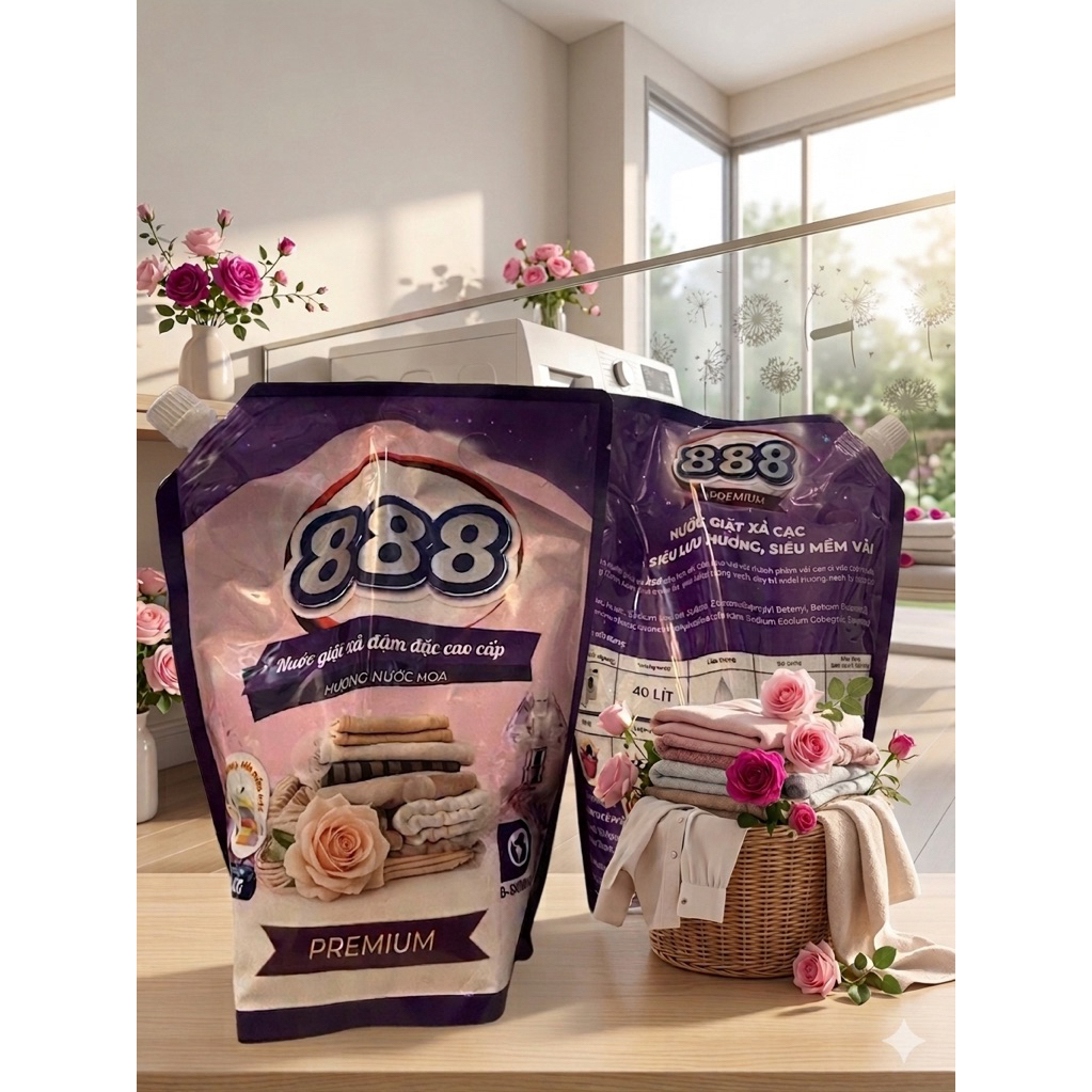 Nước Giặt Xả 888 Premium Túi 3,2kg hương nước hoa Siêu Mềm Vải, Lưu Hương Lâu, Dịu Nhẹ giặt máy giặt