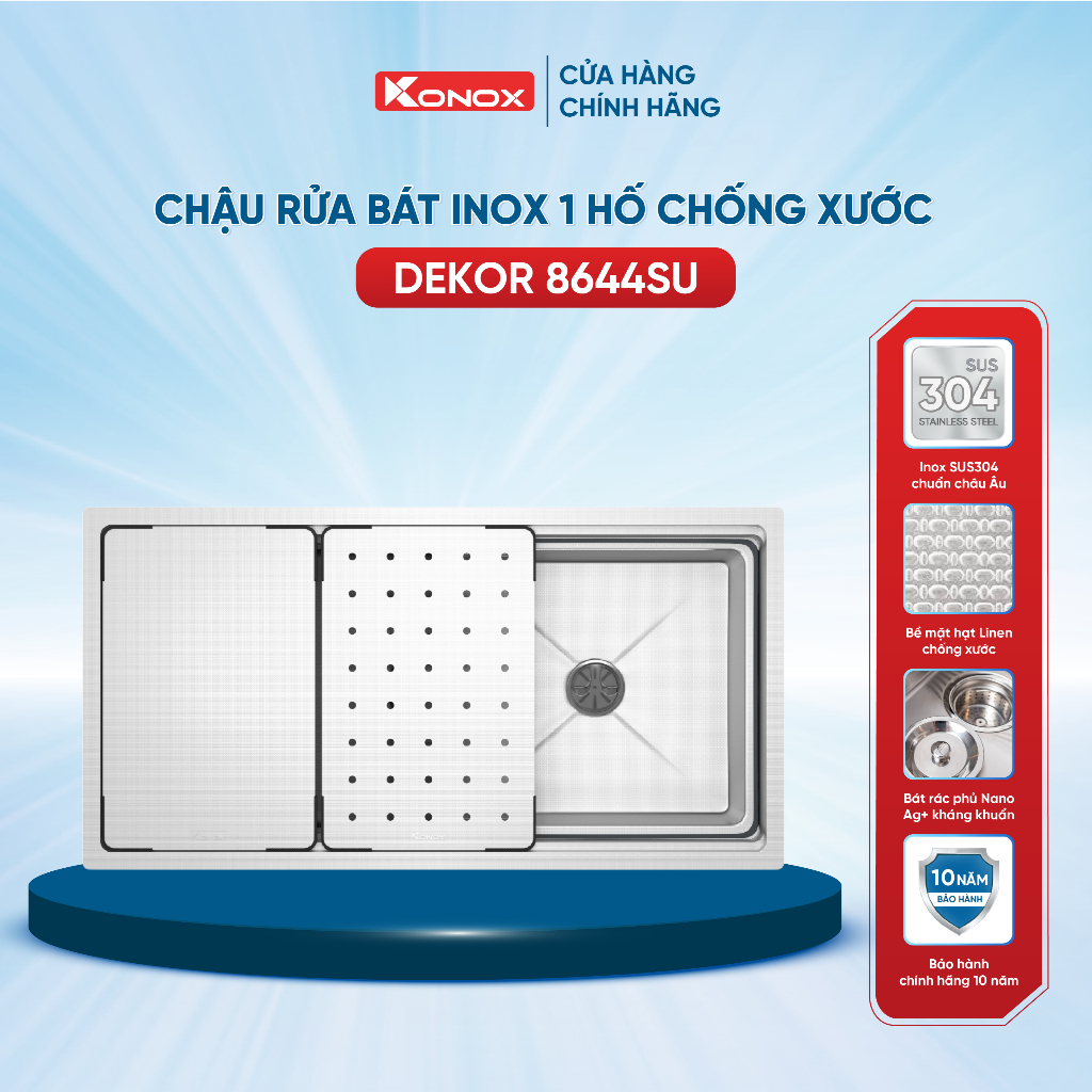 Chậu rửa bát inox 1 hố chống xước Konox Dekor 8644SU - Bảo hành 10 năm