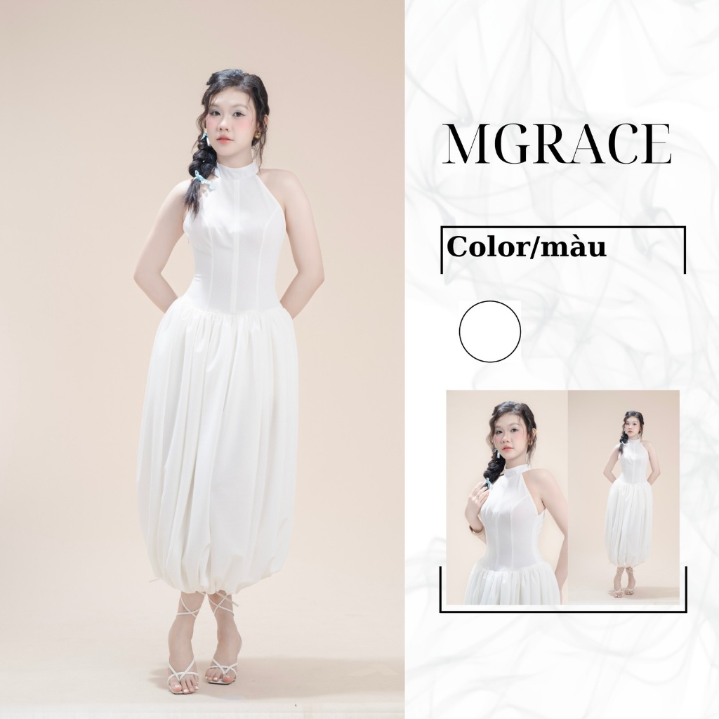 Đầm trắng cổ yếm dáng dài, chất vải linen thun cao cấp mềm nhẹ thoáng mát MGRACE