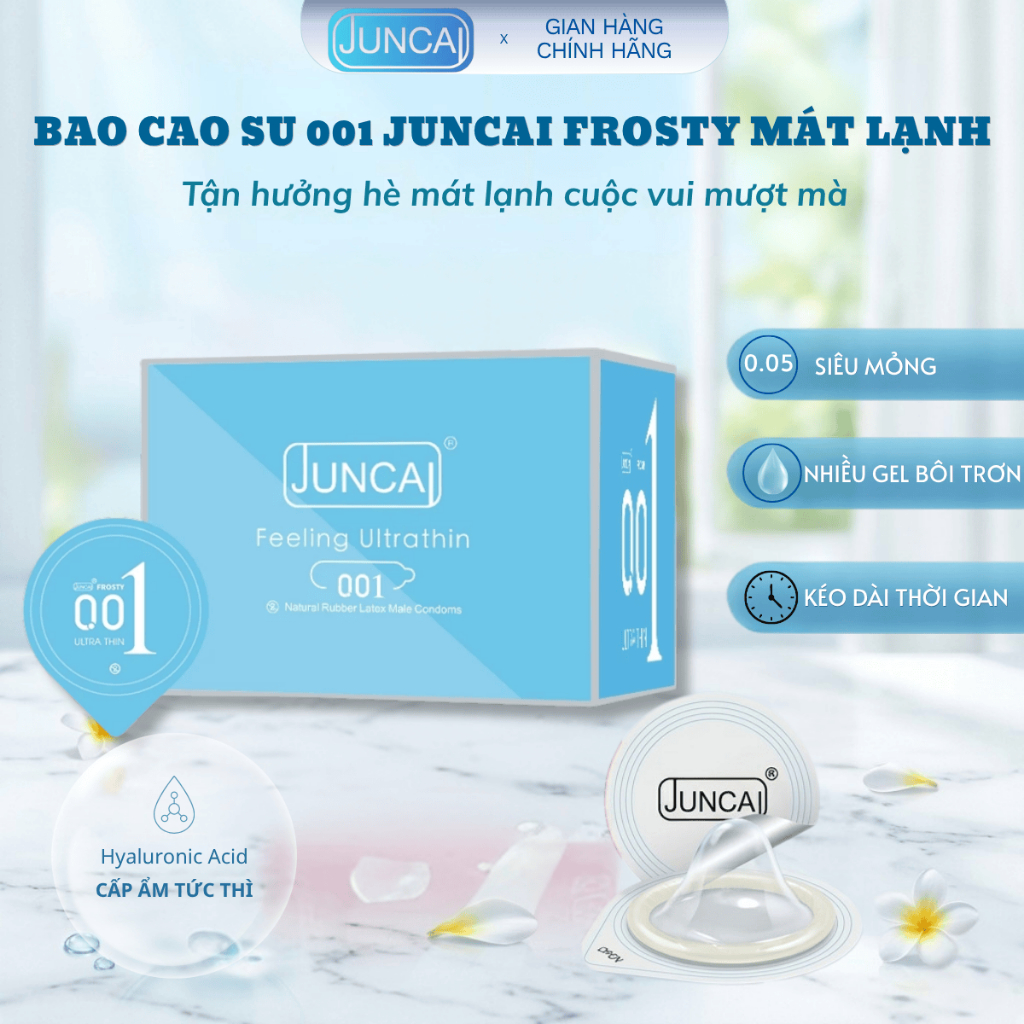 Bao cao su 001 JUNCAI Frosty mát lạnh ngày hè, bcs siêu mỏng nhiều gel tăng cảm giác, Hộp 10 chiếc S