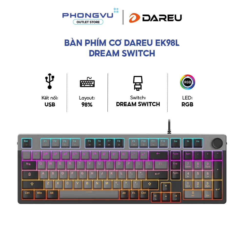 Bàn phím cơ DareU EK98L Grey Black - Dream Switch - Layout 98 phím - Đèn nền 7 màu - Bảo hành 24th