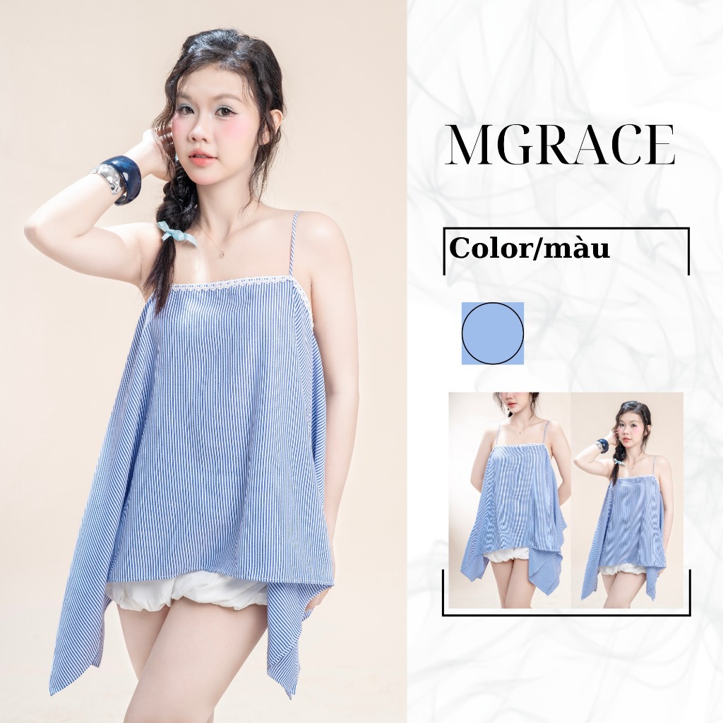 Áo Hai Dây Nữ MGRACE - ALIA TOP Dáng Xòe Sọc Xanh Trắng - Chất Kate Cao Cấp Thanh Lịch
