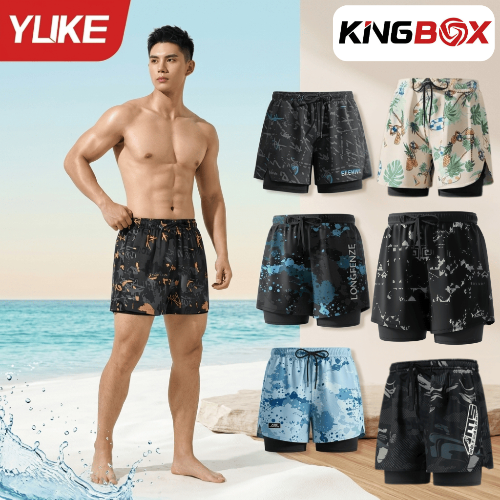 Quần bơi Nam 2 lớp, Quần tập thể thao 2 lớp chống lộ, Quần đùi dáng suông YUKE, Nhập khẩu chính hãng