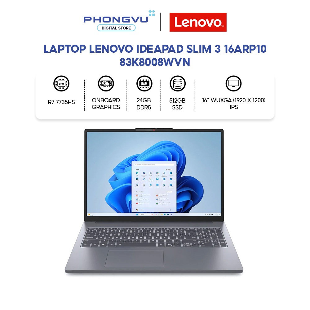 Laptop Lenovo Ideapad Slim 3 16ARP10 - 83K8008WVN (Ryzen 7 7735HS/ 24GB/ 512GB/ Win 11 Home SL) - Bả
