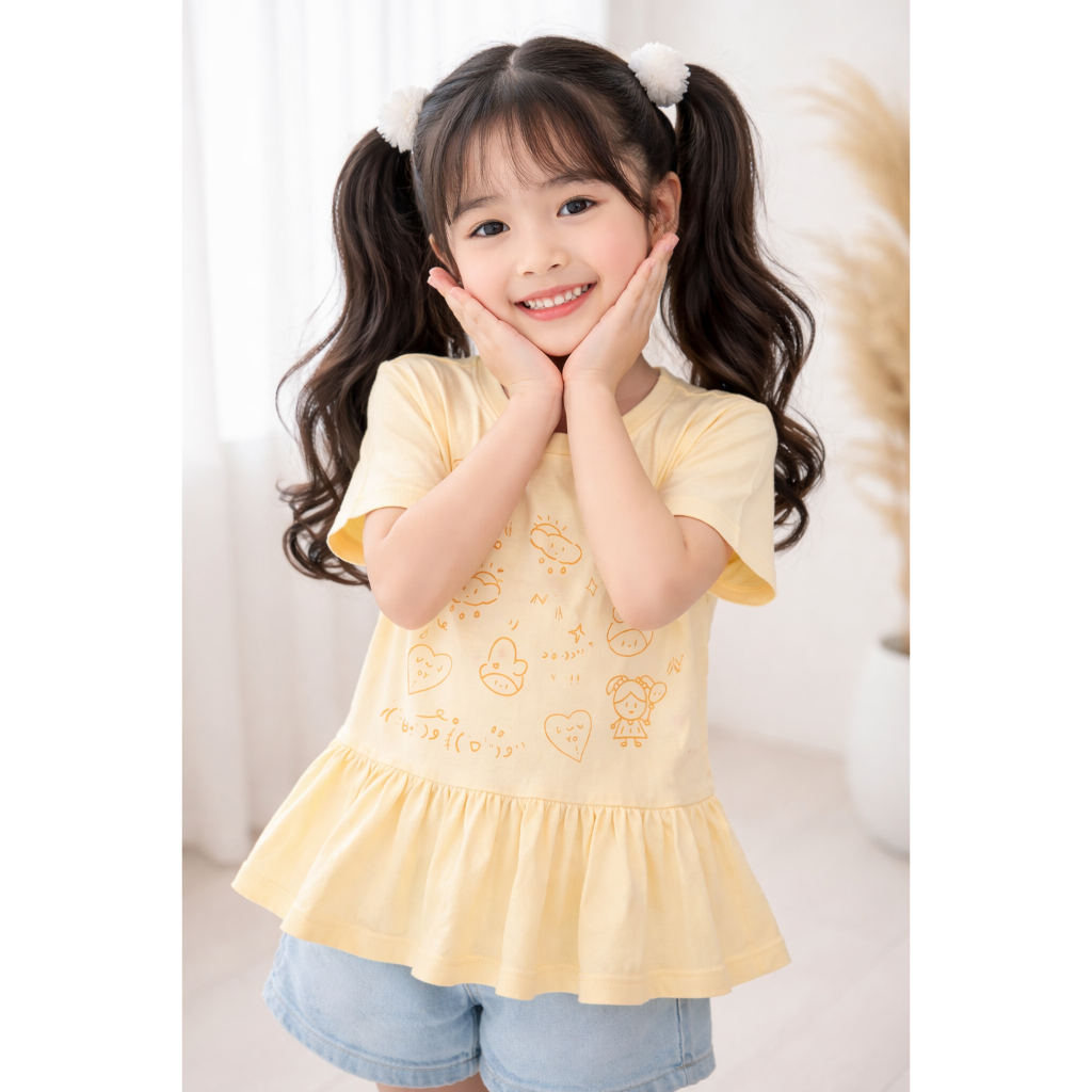 Áo Thun Bé Gái Hqlens Dáng Xòe In Đám Mây - Áo Phông Cộc Tay Cotton 4 Chiều Cao Cấp Cho Bé 4-10 Tuổi