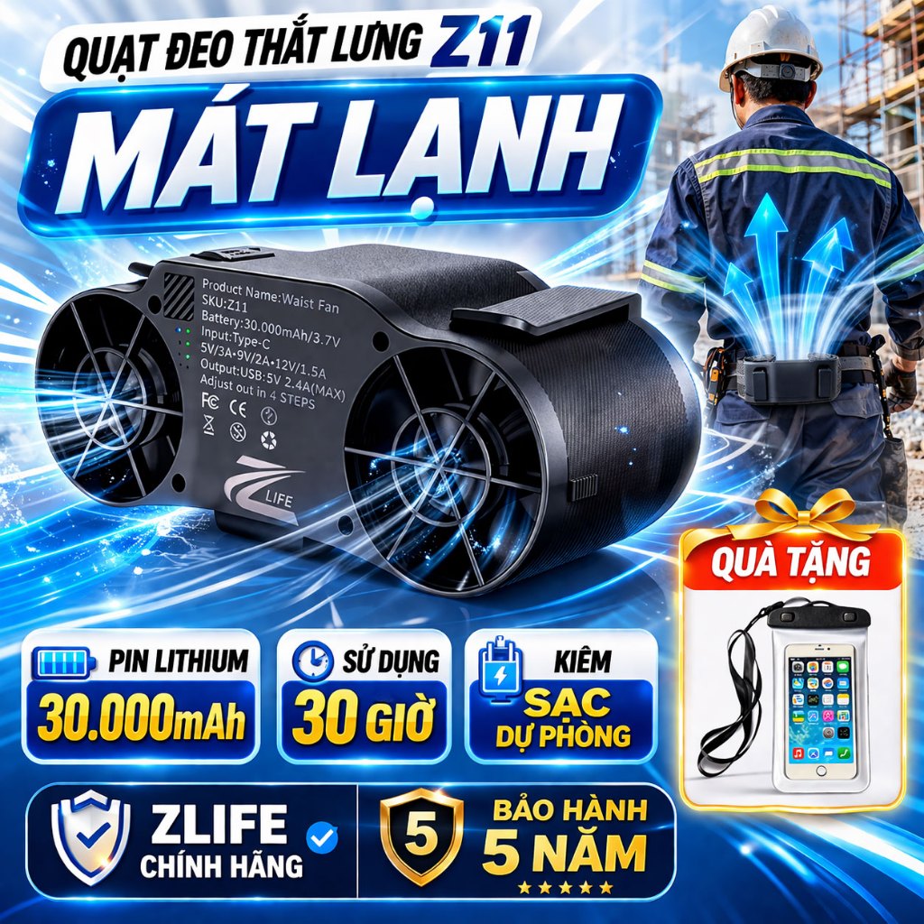 Quạt Đeo Thắt Lưng Điều Hoà Chính Hãng Zlife Z11 30000mAh, 2 Luồng Gió Mạnh, Đeo Cổ, Cầm Tay