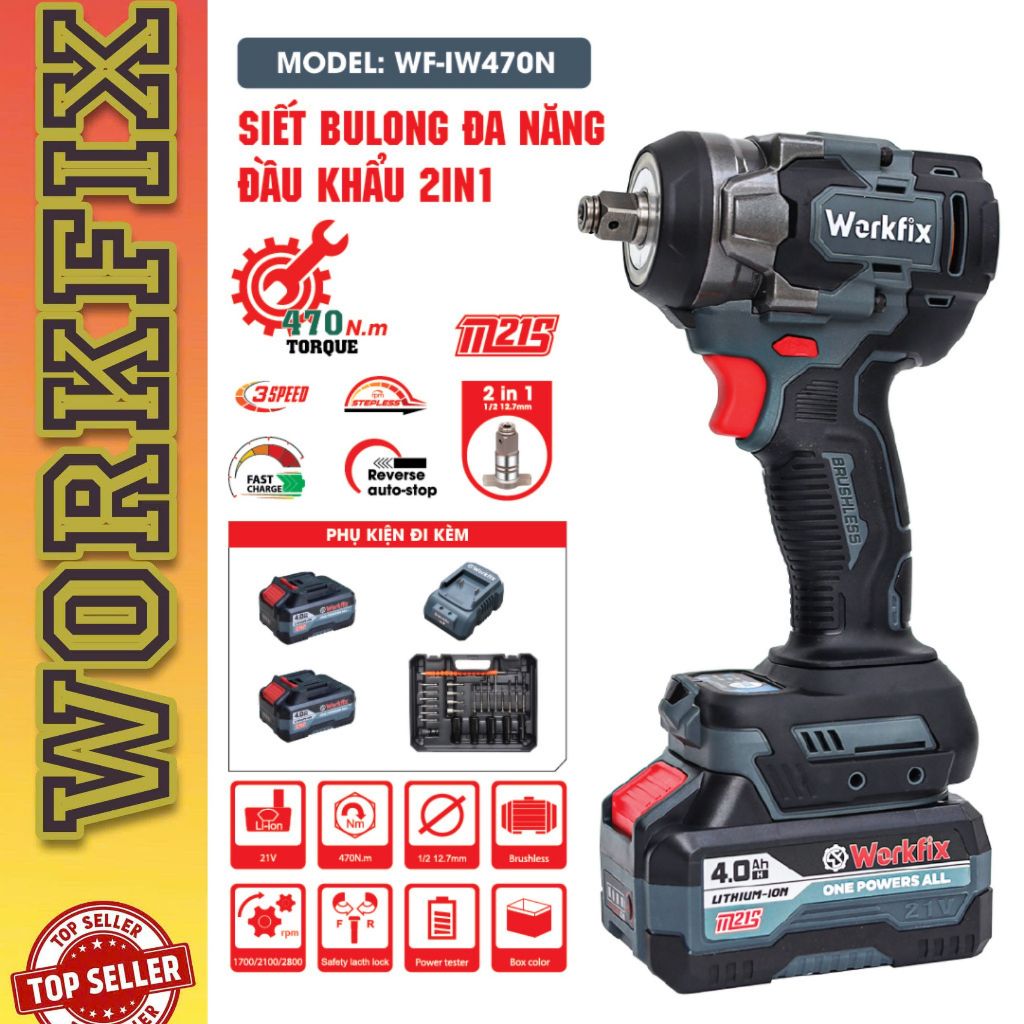 Máy siết bulong WORKFIX WF-IW470N đầu 2 trong 1 - Lực siết 470Nm - Bảo hành chính hãng 12 tháng