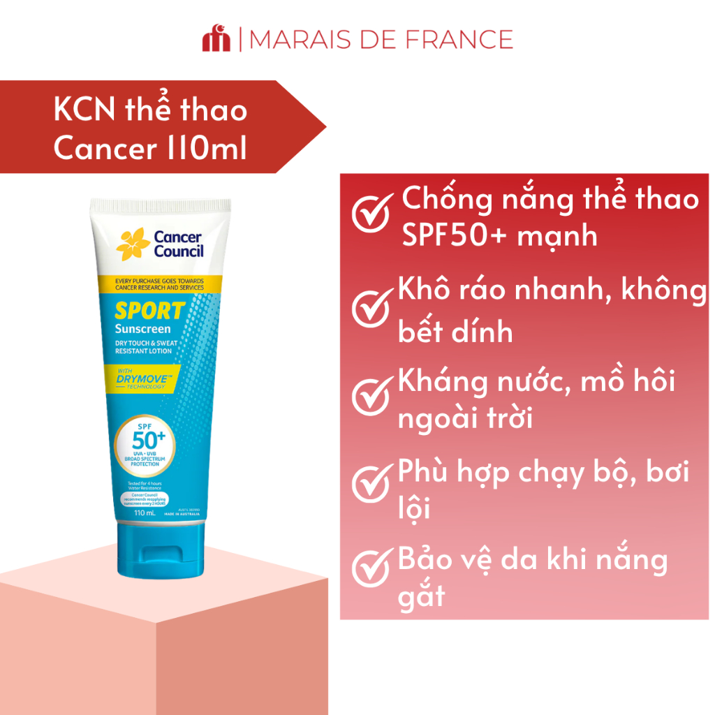 Kem Chống Nắng Thể Thao SPF50+ Cancer Council Sport 110ml Khô Ráo Chống Nước Ngoài Trời Kháng Mồ Hôi