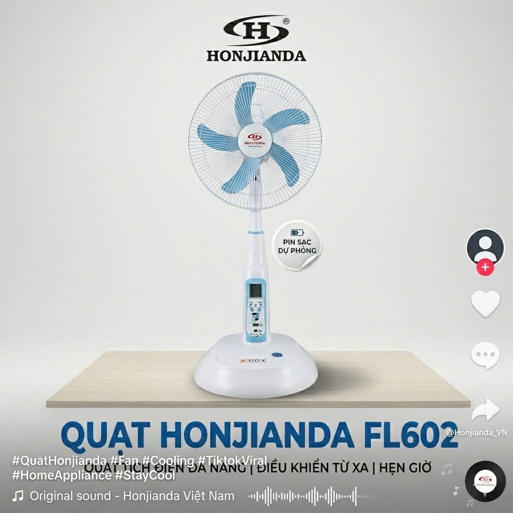 Quạt Sạc Tích Điện HONJIANDA HJD-FL602 16 Inch, Có Remote, Đèn LED, Dùng 5-15H, Sạc USB, Quạt Mất Đi