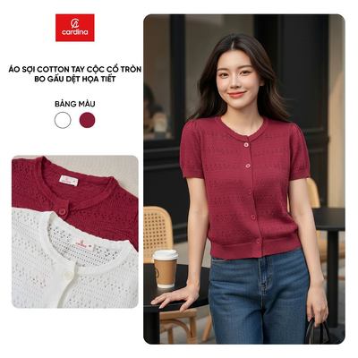 Áo kiểu nữ CARDINA chất liệu dệt sợi cotton tay cộc cổ tròn bo gấu dệt họa tiết 6ALC04