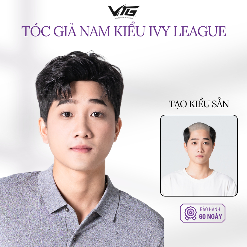 Tóc giả nam kiểu IVY LEAGUE màu đen, che hói, che trán cao, kiểu tóc trẻ trung - Vua Tóc Giả VTG