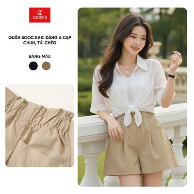 Quần đùi sooc nữ CARDINA chất liệu kaki dáng A cạp chun túi chéo 6QSA08