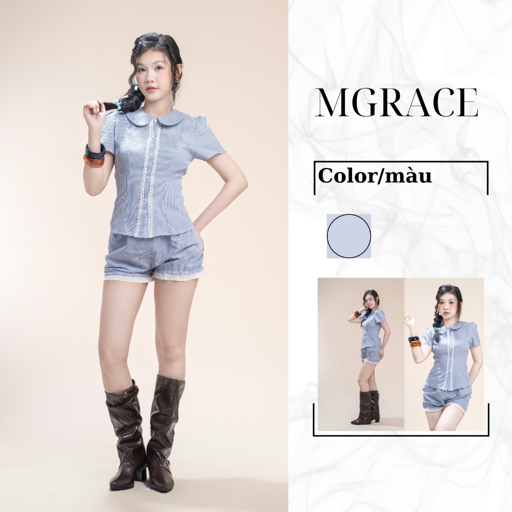 Set đồ nữ sọc xanh áo tay phồng phối quần short vải kate cao cấp, mềm mịn thoáng mát MGRACE
