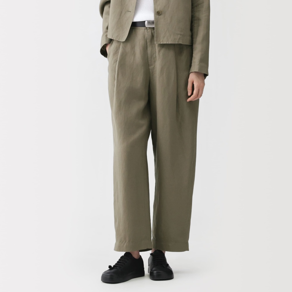 [LABO] MUJI Quần Nữ Pha Linen Lyocell Ống Rộng Xếp Ly