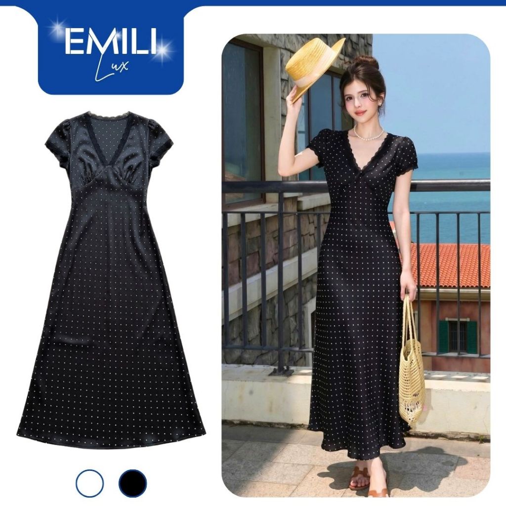 Đầm lụa chấm bi dáng dài cổ V phối ren Emili Lux tôn dáng nữ tính thanh lịch đi chơi đi tiệc V568