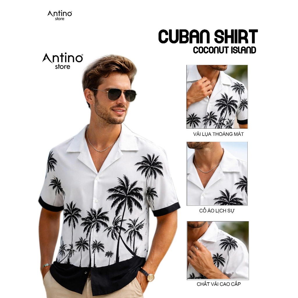 Áo Sơ Mi Nam Cuban Antino Coconut Island họa tiết cây dừa nhiệt đới form rộng, vải lụa mềm mịn, thoá
