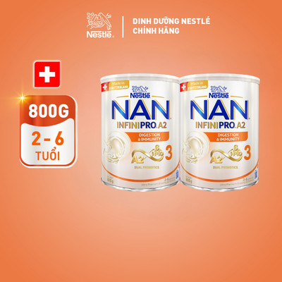 Combo 2 Lon Sữa bột Nestlé NAN INFINIPRO A2 3 800g Từ Thụy Sĩ với công thức chứa đạm A2, 6HMO & Lợi khuẩn kép