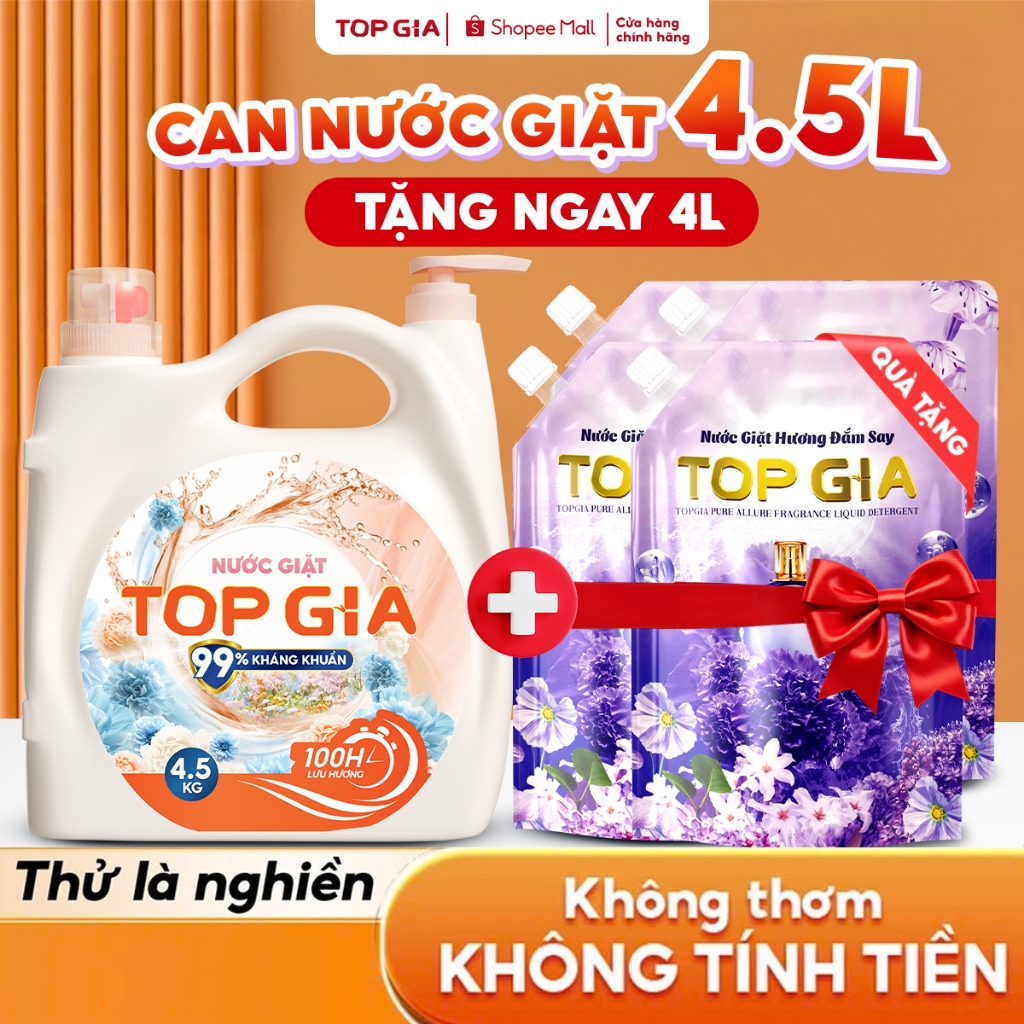[MUA 1 TẶNG 4] Can Nước Giặt TopGia 4.5KG Thiết Kế 2 Vòi Tiện Lợi, Lưu Hương 100H, Kháng Khuẩn 99%