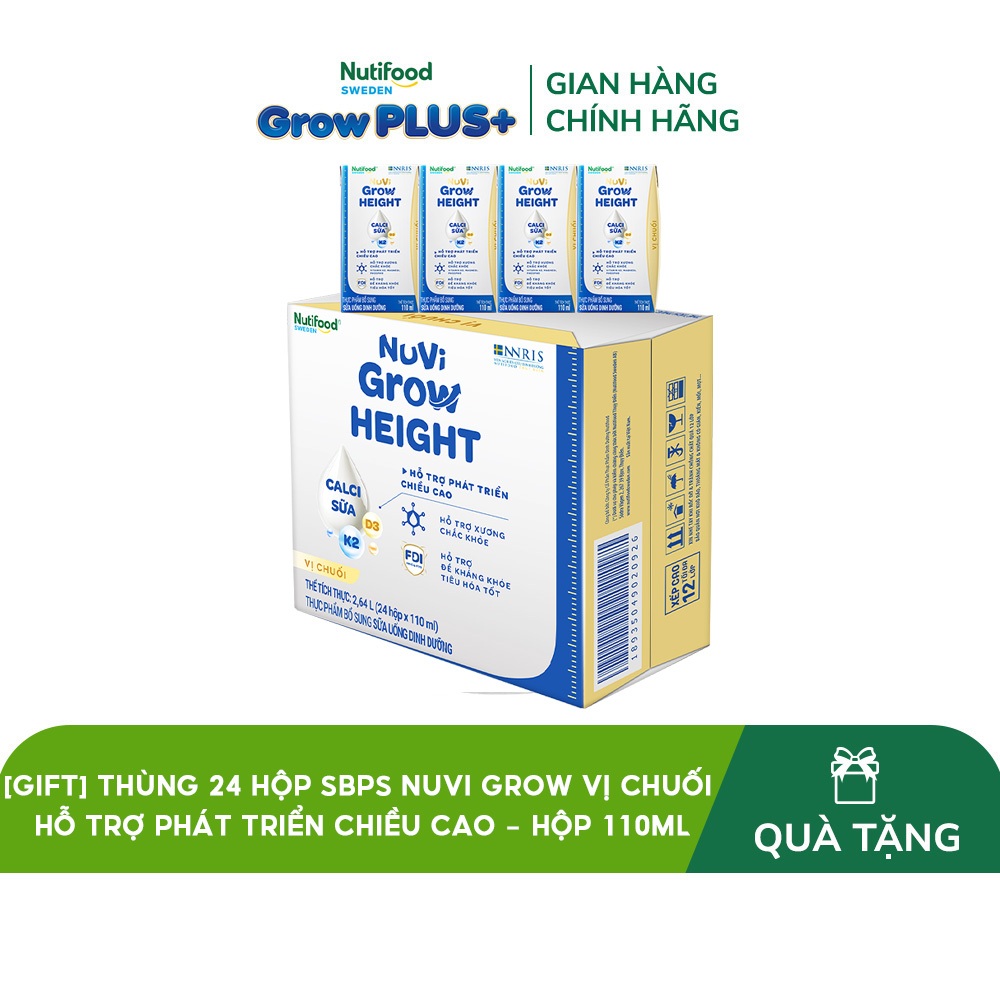 [GIFT] Thùng 24 hộp SBPS Nuvi Grow vị chuối 1+ hỗ trợ phát triển chiều cao hộp 110ml