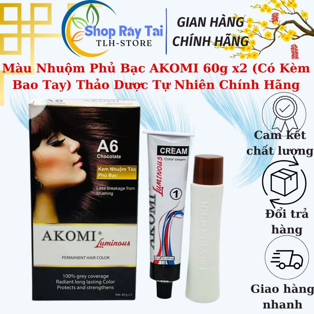 Màu Nhuộm Phủ Bạc AKOMI 60g x2 (Có Kèm Bao Tay) Thảo Dược Tự Nhiên Chính Hãng