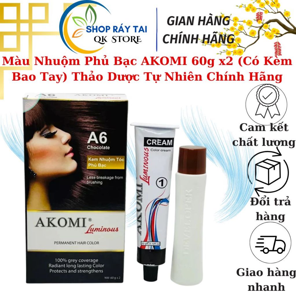 Màu Nhuộm Phủ Bạc AKOMI 60g x2 (Có Kèm Bao Tay) Thảo Dược Tự Nhiên Chính Hãng